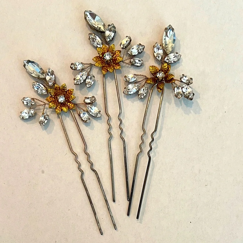 Elegant Crystal and Gold Tone Hair Pins